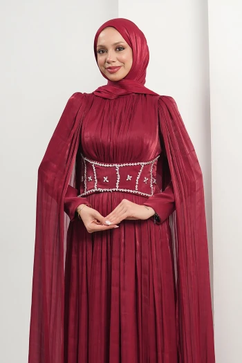 Bordo Beli Taşlı Pelerinli Piliseli Abiye