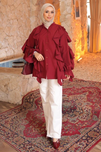 Bordo Kol Lastikli Fırfırlı Tunik