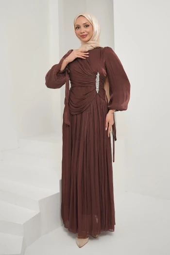 Bordo Önü Taş Detaylı Kol Bağlamalı Abiye