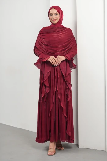 Bordo Seyyar Pelerinli Fırfırlı Abiye