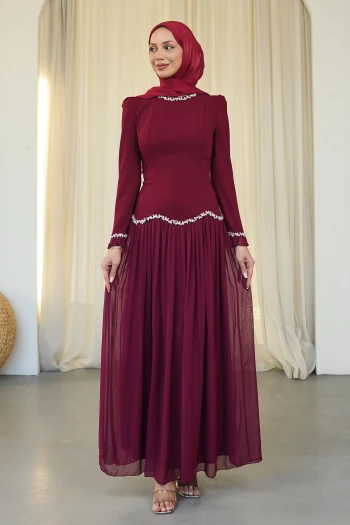 Bordo Sırt Bağlamalı Taşlı Abiye