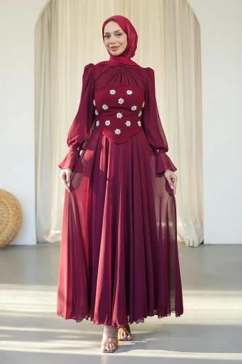 Bordo Taş İşlemeli Büstiyerli Abiye