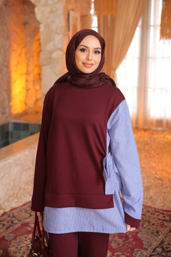 Bordo Yan Bağlamalı Modal Tunik Pantolon Takım