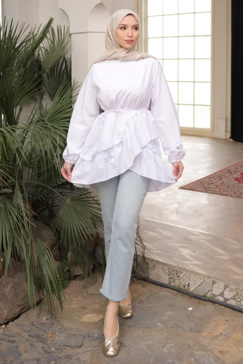 Ekru Eteği Katlı Fırfırlı Tunik