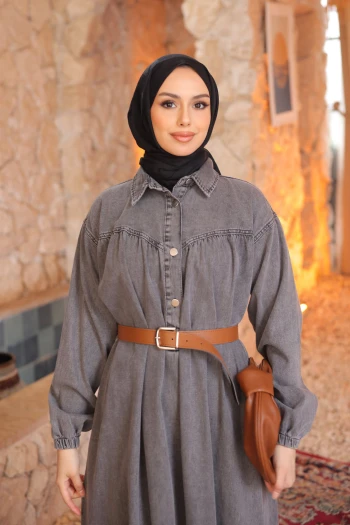 Füme Kol Lastikli Kemerli Kot Elbise