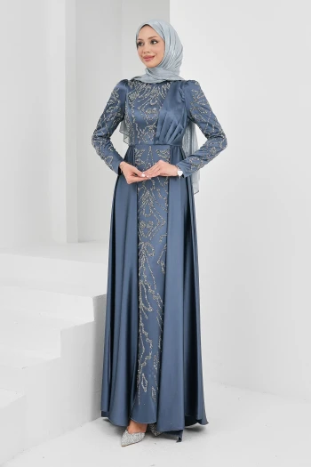 Füme Önü Taşlı Saten Abiye