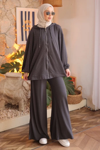 Füme Taşlı Tunik Pantolonlu Modal Takım