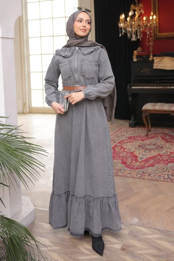Füme Yaka Taşlı Yarım Fermuarlı Kemerli Kot Elbise
