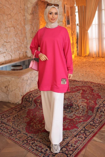Fuşya Bisiklet Yaka Armalı Tunik