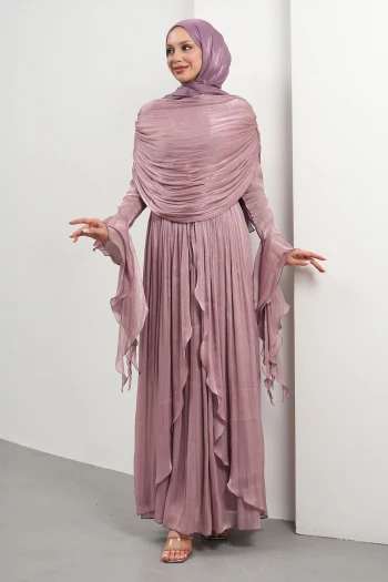 Gül Kurusu Seyyar Pelerinli Fırfırlı Abiye