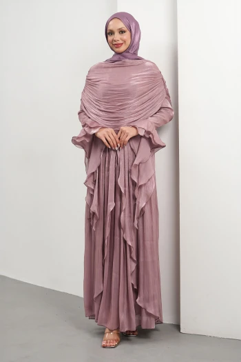 Gül Kurusu Seyyar Pelerinli Fırfırlı Abiye