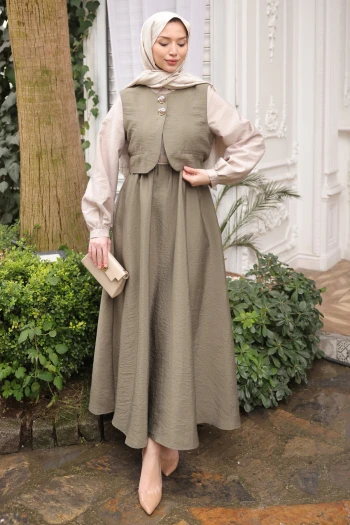 Haki Bel Lastikli Yelek Kombinli Elbise Takım