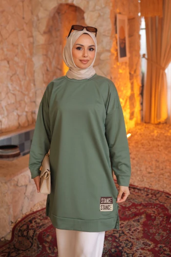 Haki Bisiklet Yaka Armalı Tunik