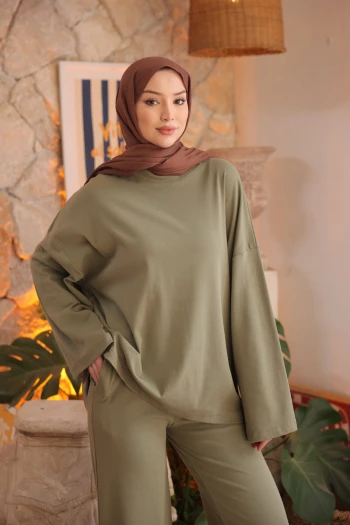 Haki Bisiklet Yaka Sweat Pantolonlu Takım