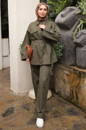 Haki Çıt Çıtlı Gabardin Ceket Pantolonlu Takım