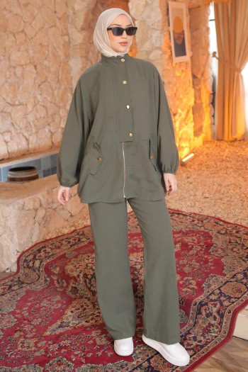 Haki Fermuarlı Ceket Pantolonlu Takım