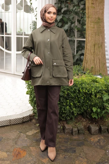 Haki Fermuarlı Gabardin Ceket