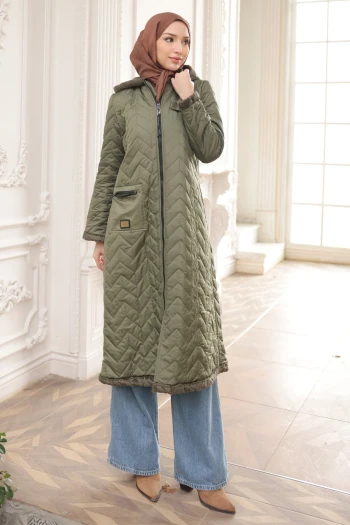 Haki Kapüşonlu İçi Kürklü Kaban