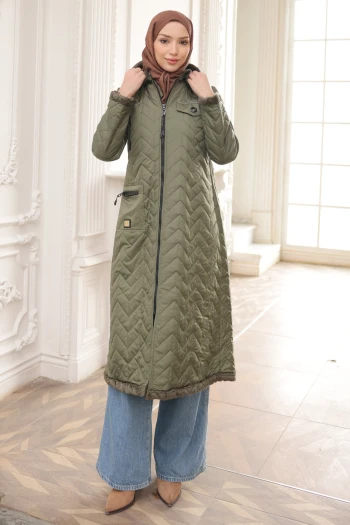 Haki Kapüşonlu İçi Kürklü Kaban