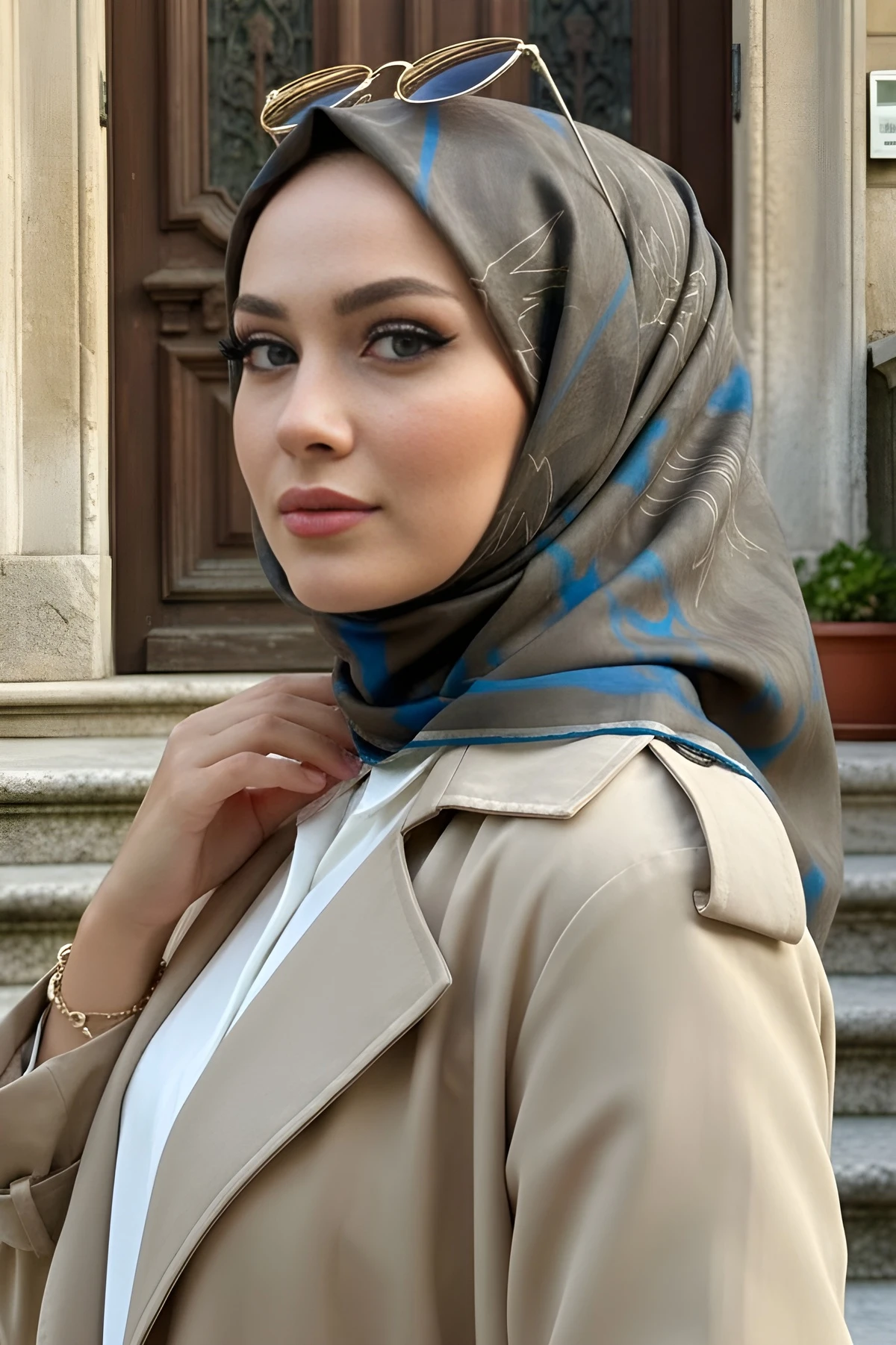 Haki Mavi Soft Dijital Pamuklu Eşarp