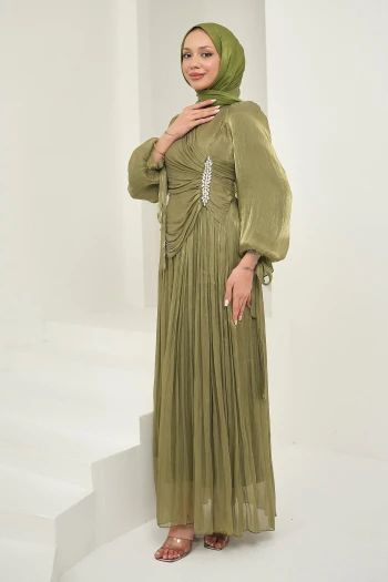 Haki Önü Taş Detaylı Kol Bağlamalı Abiye