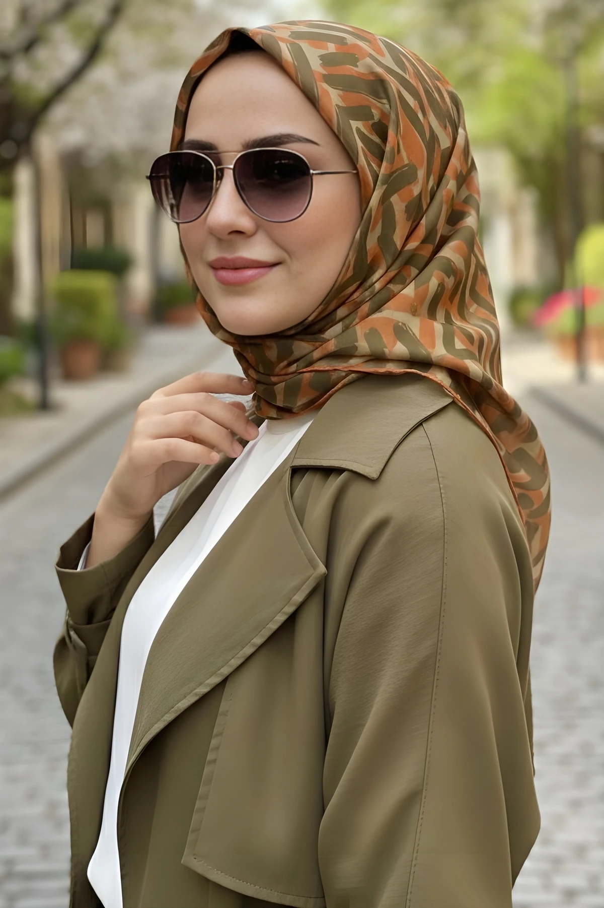 Haki Oranj Soft Dijital Pamuklu Eşarp