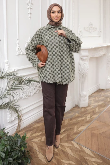 Haki Renk Bloklu Püsküllü Oversize Gömlek