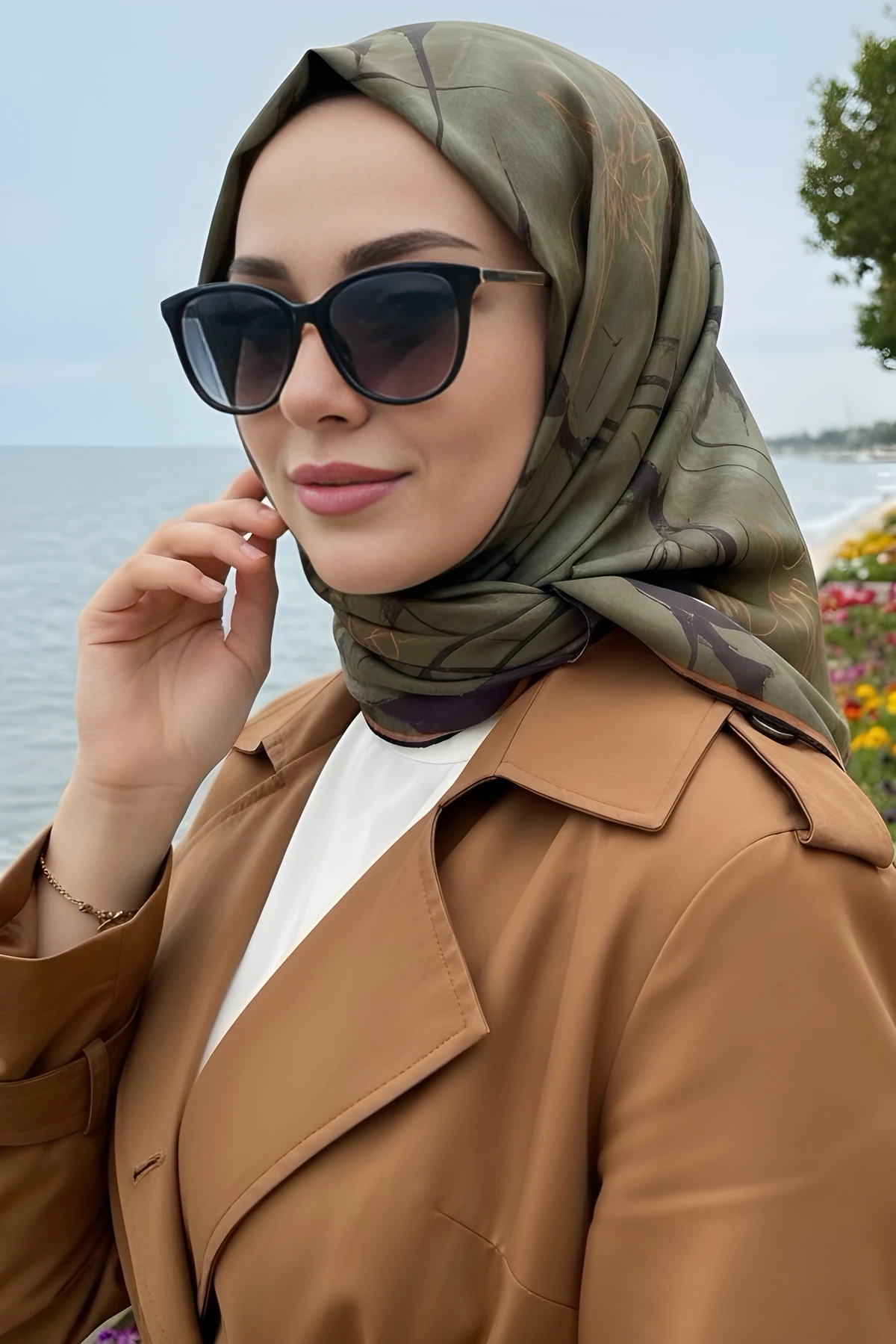 Haki Soft Dijital Pamuklu Eşarp