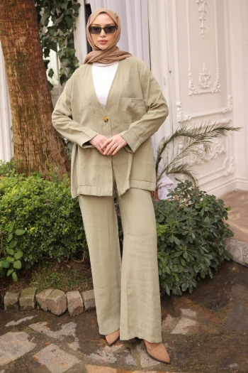 Haki Tek Düğmeli Ceket Pantolonlu Takım