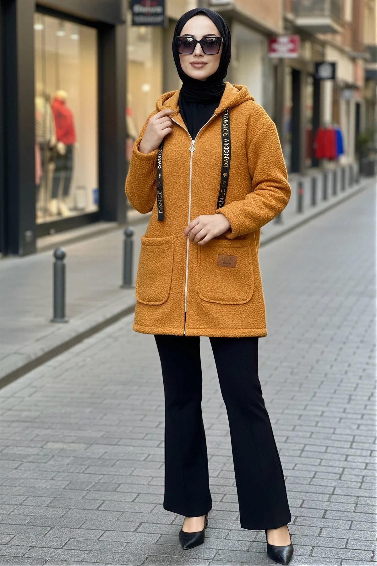 Hardal Kapşonlu Fermuarlı Buklet Ceket