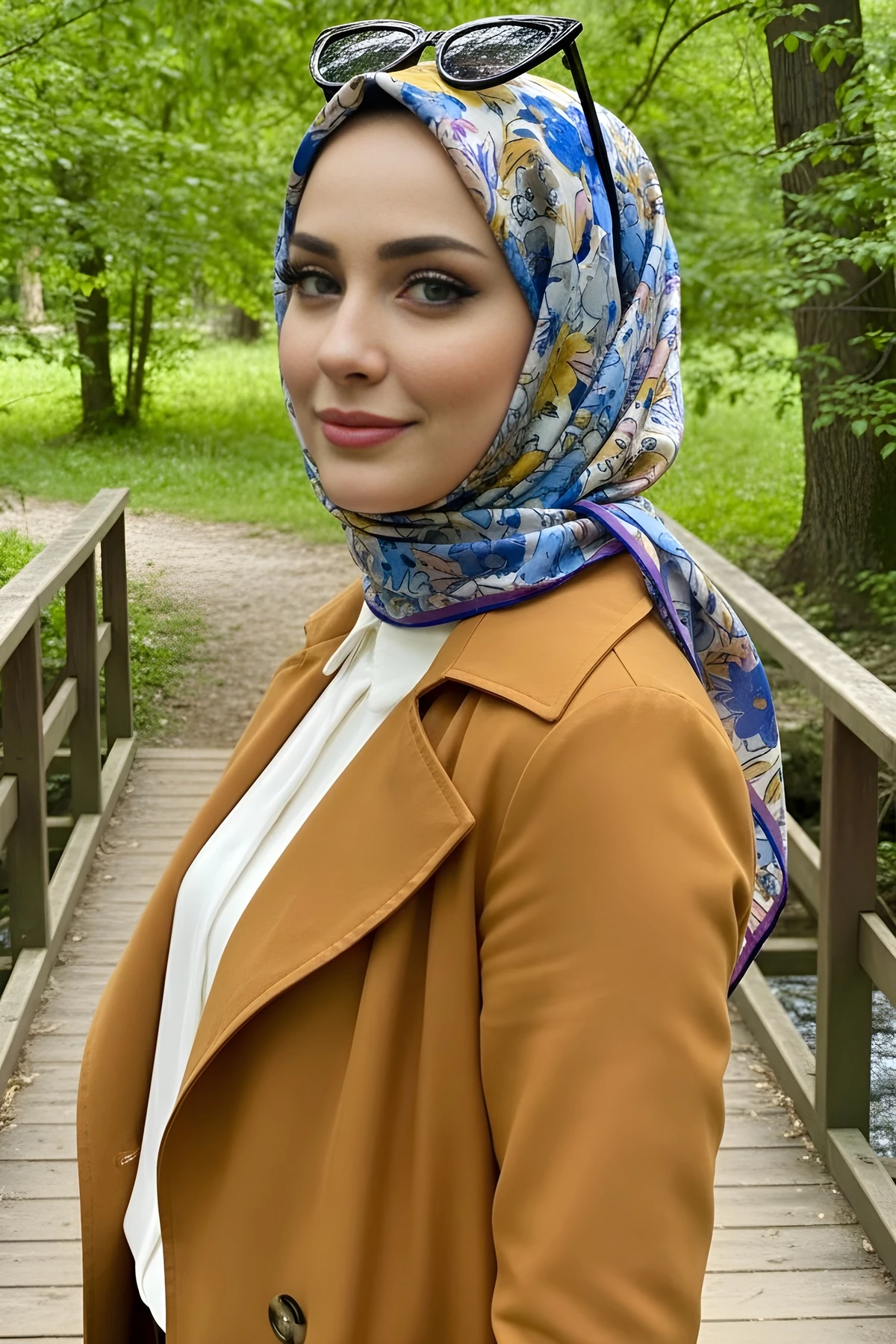 Hardal/Mavi Silk Home Soft Dijital Pamuklu Eşarp