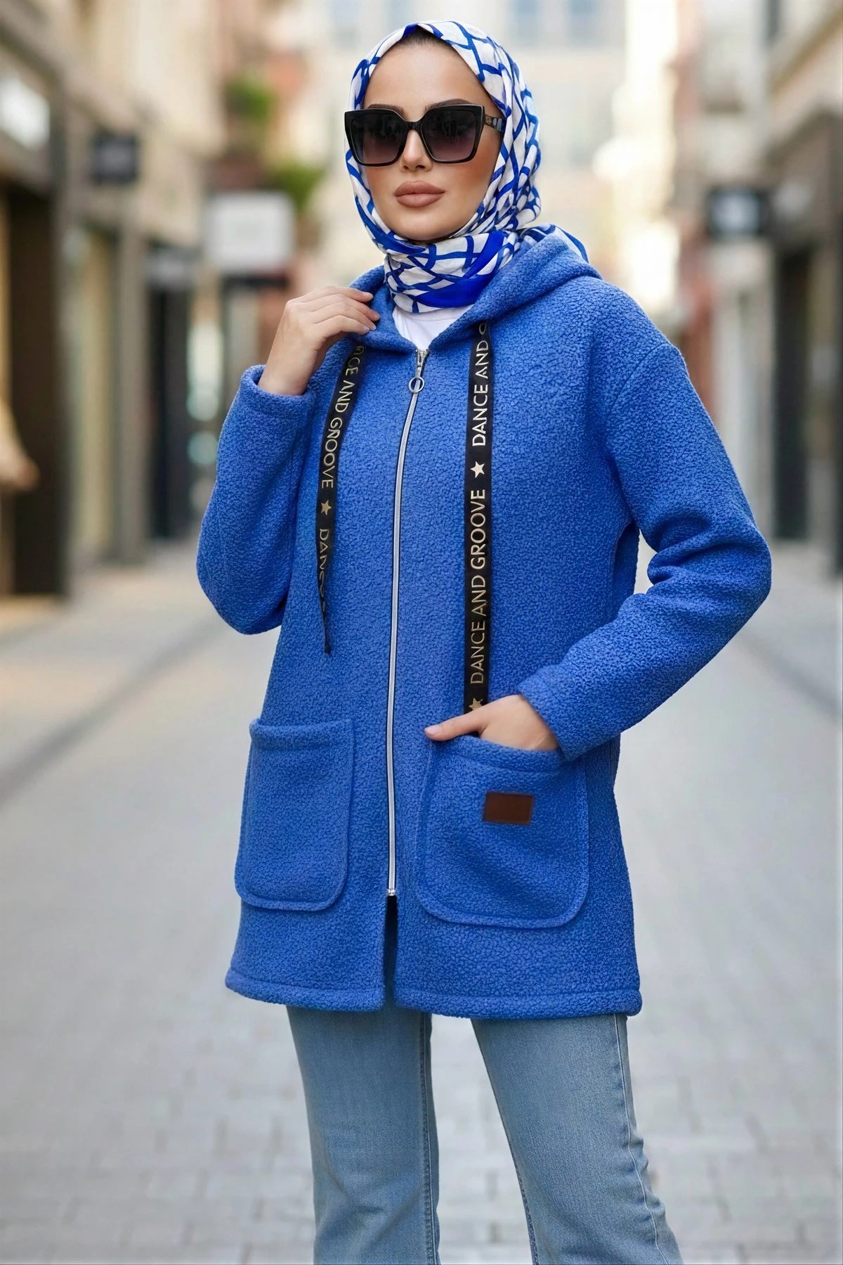 İndigo Kapşonlu Fermuarlı Buklet Ceket