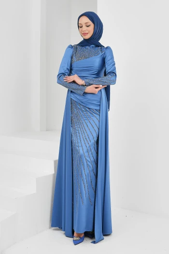 İndigo Önü Taşlı Saten Abiye