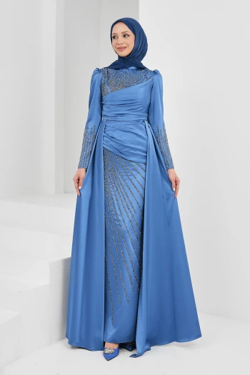 İndigo Önü Taşlı Saten Abiye
