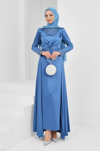 İndigo Önü Taşlı Saten Abiye