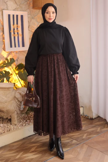 Kahverengi Bel Lastikli Astarlı Flok Baskılı Tül Etek