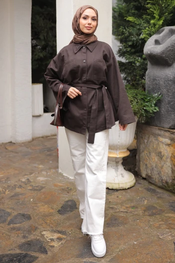 Kahverengi Çıçıtlı Cepli Oversize Gabardin Gömlek