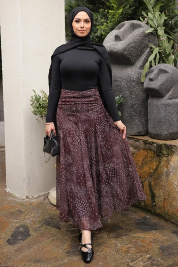 Kahverengi Desenli Beli Büzgü Detaylı İçi Astarlı Şifon Etek