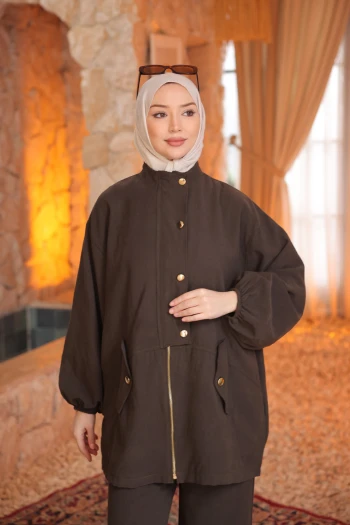 Kahverengi Fermuarlı Ceket Pantolonlu Takım