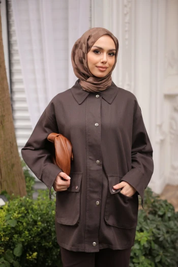 Kahverengi Fermuarlı Gabardin Ceket