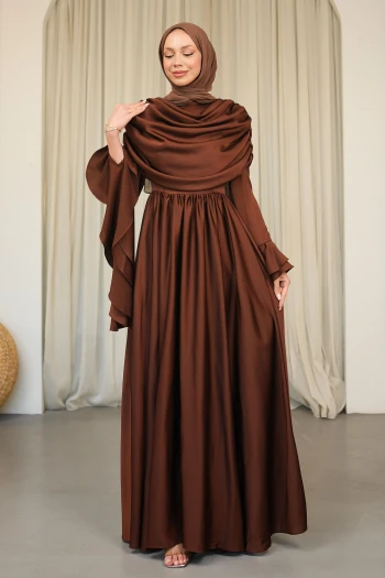 Kahverengi Kol Katlı Önü Drapeli Saten Abiye