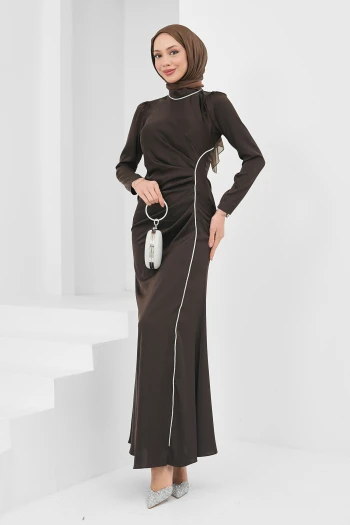 Kahverengi Önü Drapeli Taşlı Saten Abiye