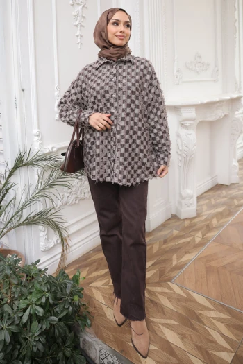 Kahverengi Renk Bloklu Püsküllü Oversize Gömlek