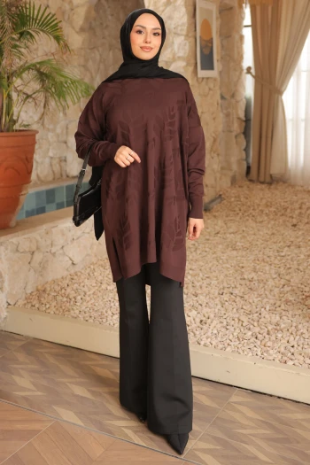 Kahverengi Soğuk İplik Merserize Triko Tunik