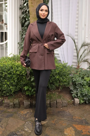 Kahverengi Taş Baskılı Astarlı Ceket