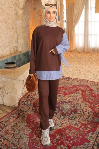 Kahverengi Yan Bağlamalı Modal Tunik Pantolon Takım