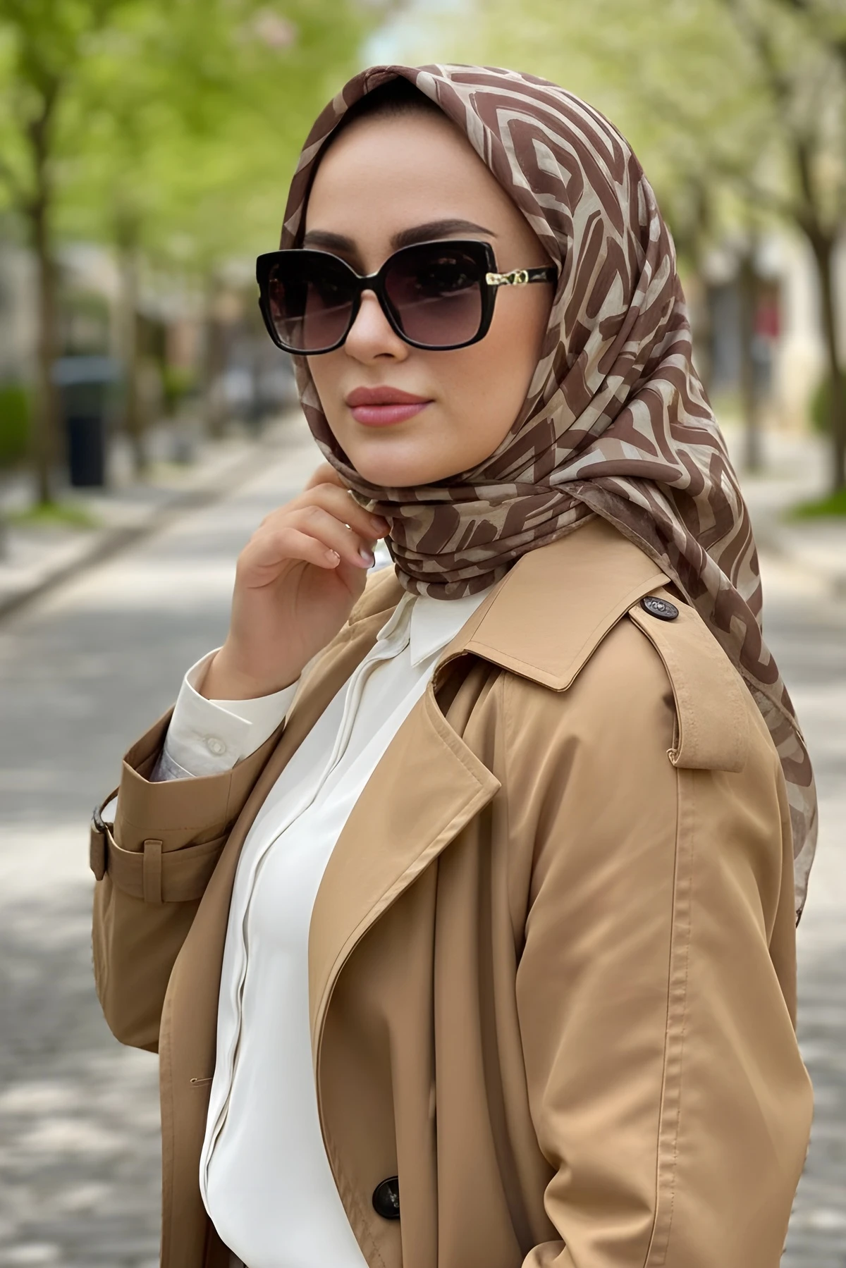 Kahve/Vizon Soft Dijital Pamuklu Eşarp