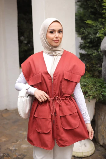 Kiremit Bel Bağlamalı Cepli Astarlı Gabardin Yelek