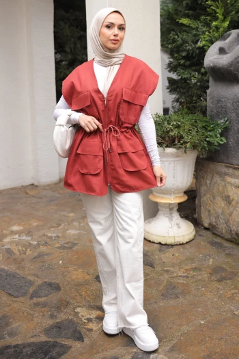 Kiremit Bel Bağlamalı Cepli Astarlı Gabardin Yelek