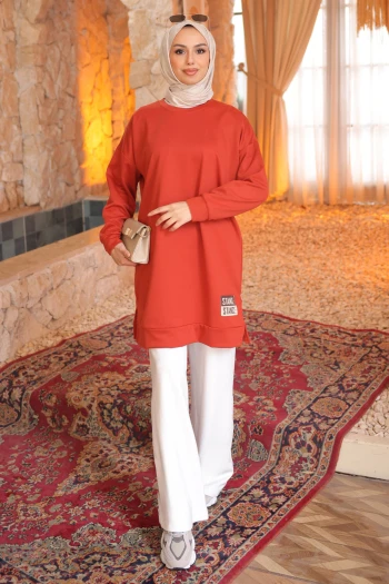 Kiremit Bisiklet Yaka Armalı Tunik